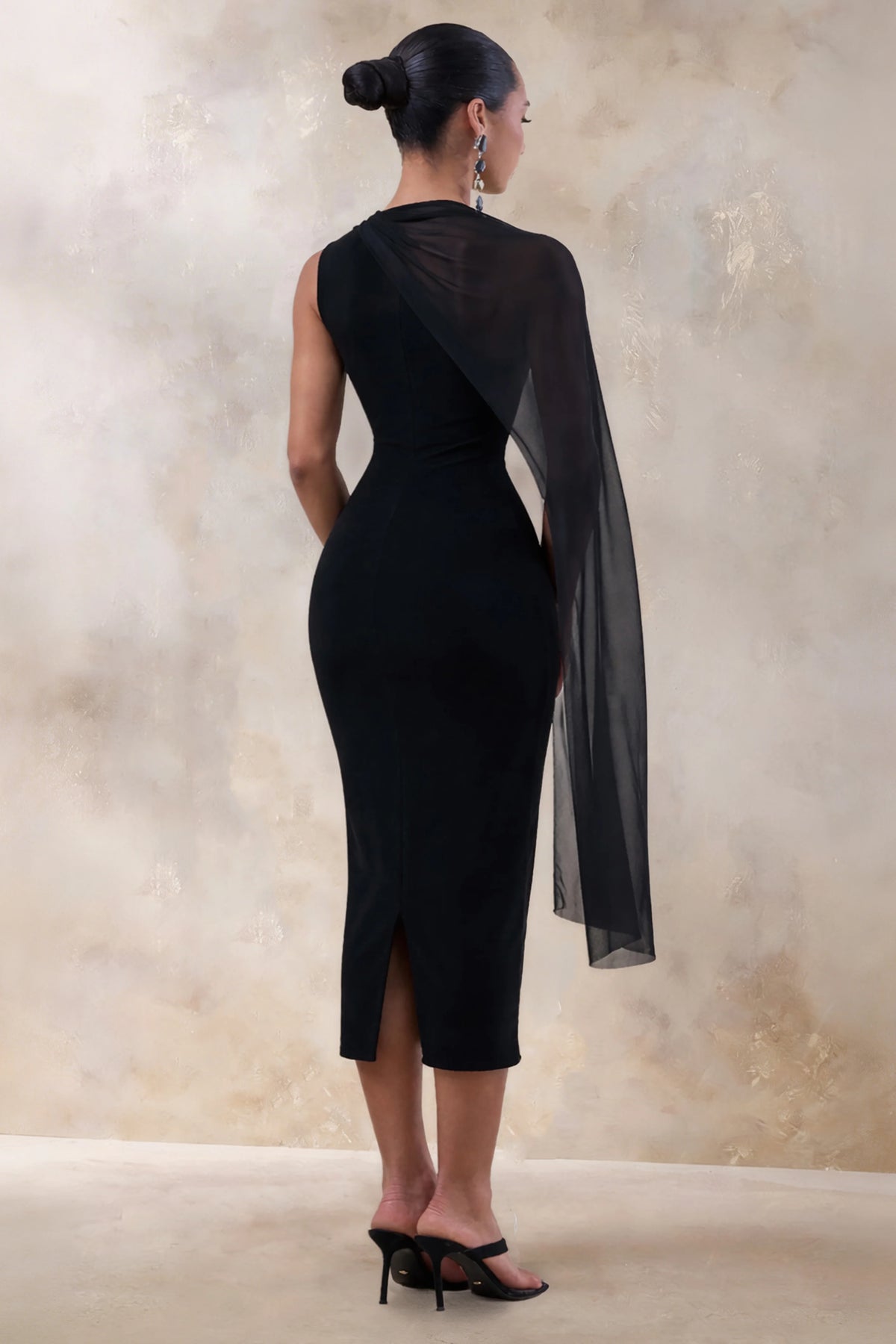 Caloria | Black Asymmetric-Neck Midi Dress With Mesh-Cape