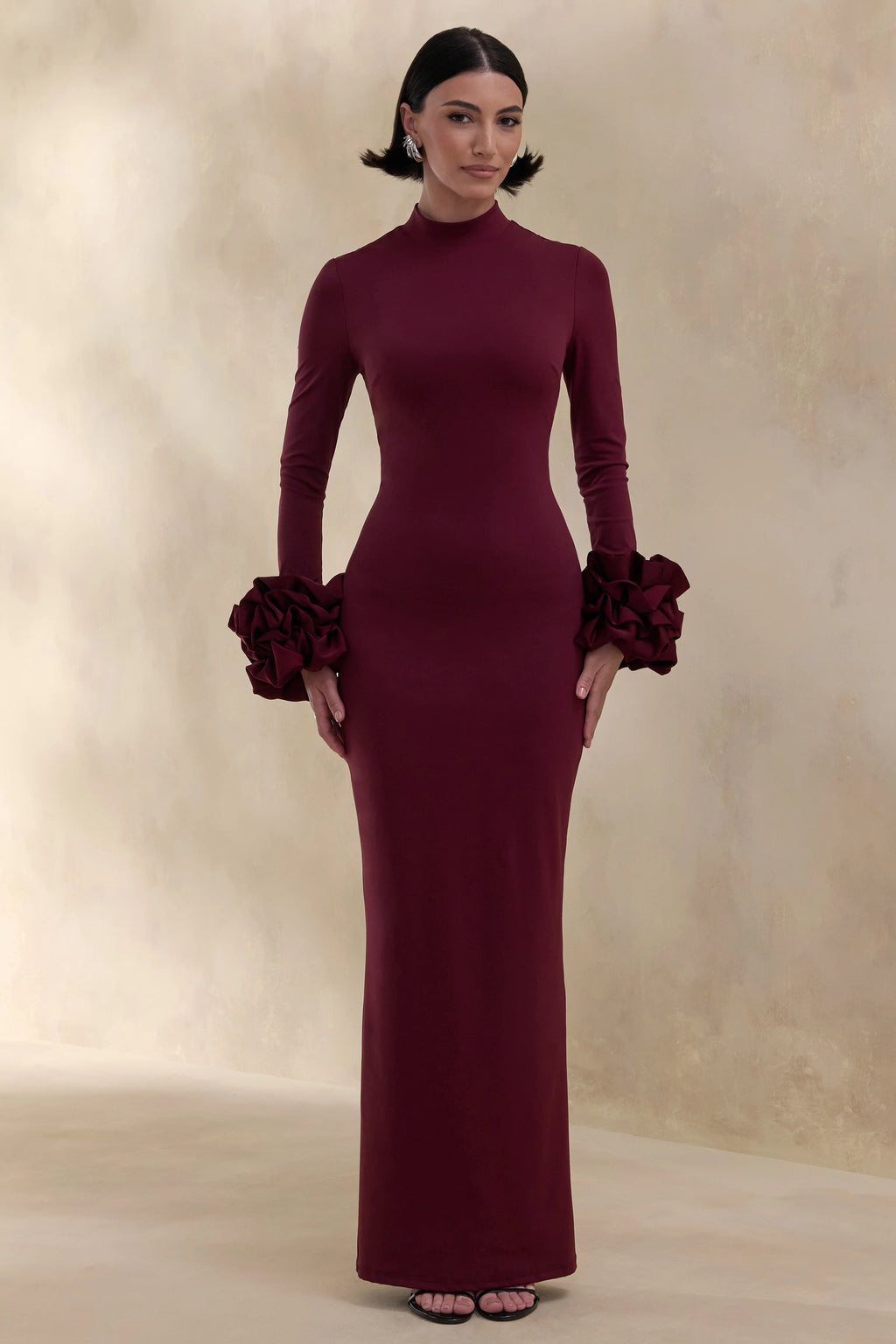 Jaselle | Dark Plum High-Neck Maxi Dress With Ruffled Satin-Cuffs