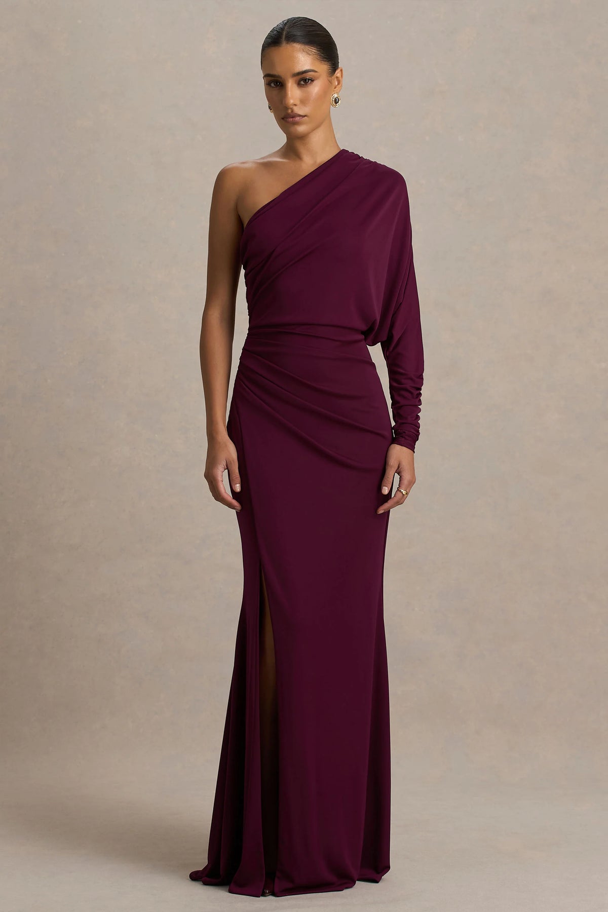 Lola | Burgundy Asymmetric-Neck Maxi Dress With Ruched Detailing And Front High-Split