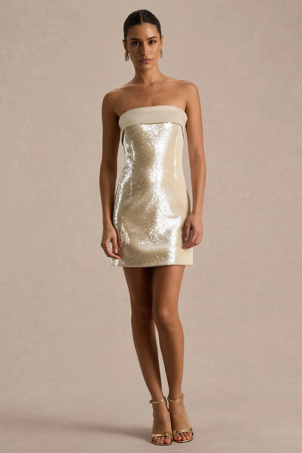 Casandra | Champagne Sequin Bandeau Mini Dress With Satin Trim