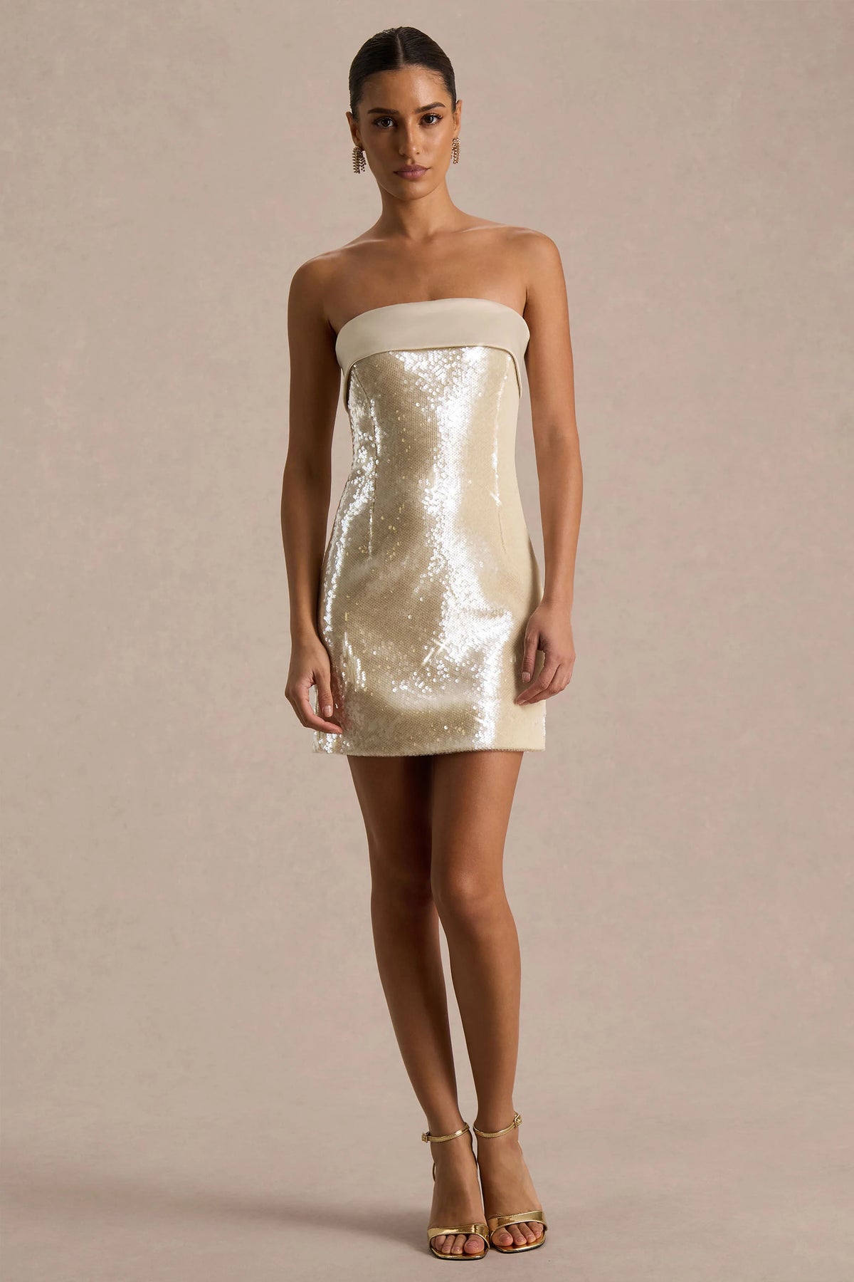 Casandra | Champagne Sequin Bandeau Mini Dress With Satin Trim