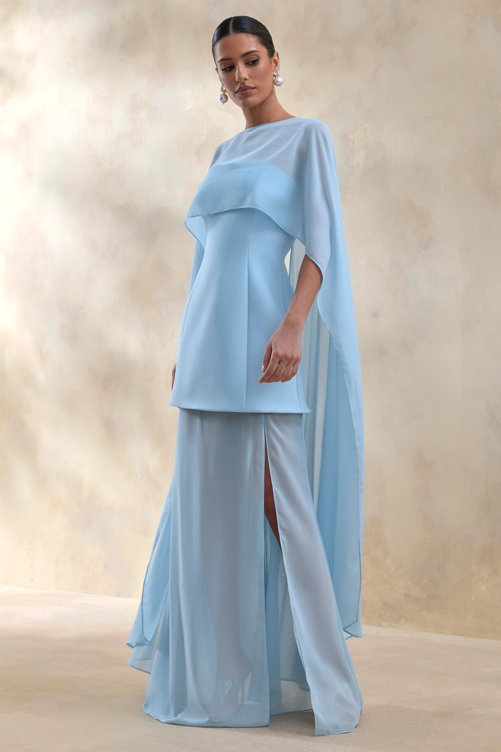 Chessa | Powder Blue Boat-Neck Maxi Dress With Sheer Cape