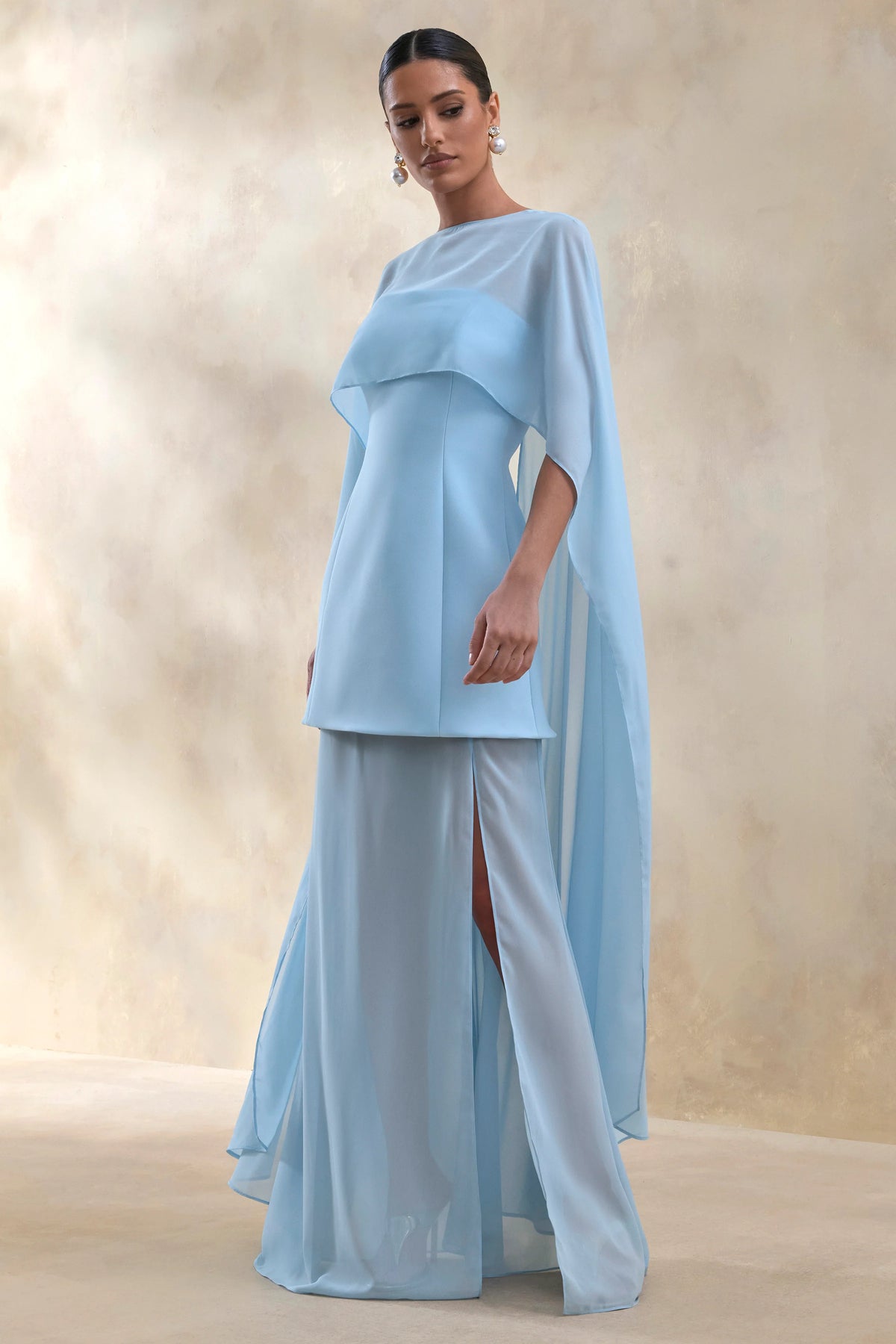 Chessa | Powder Blue Boat-Neck Maxi Dress With Sheer Cape