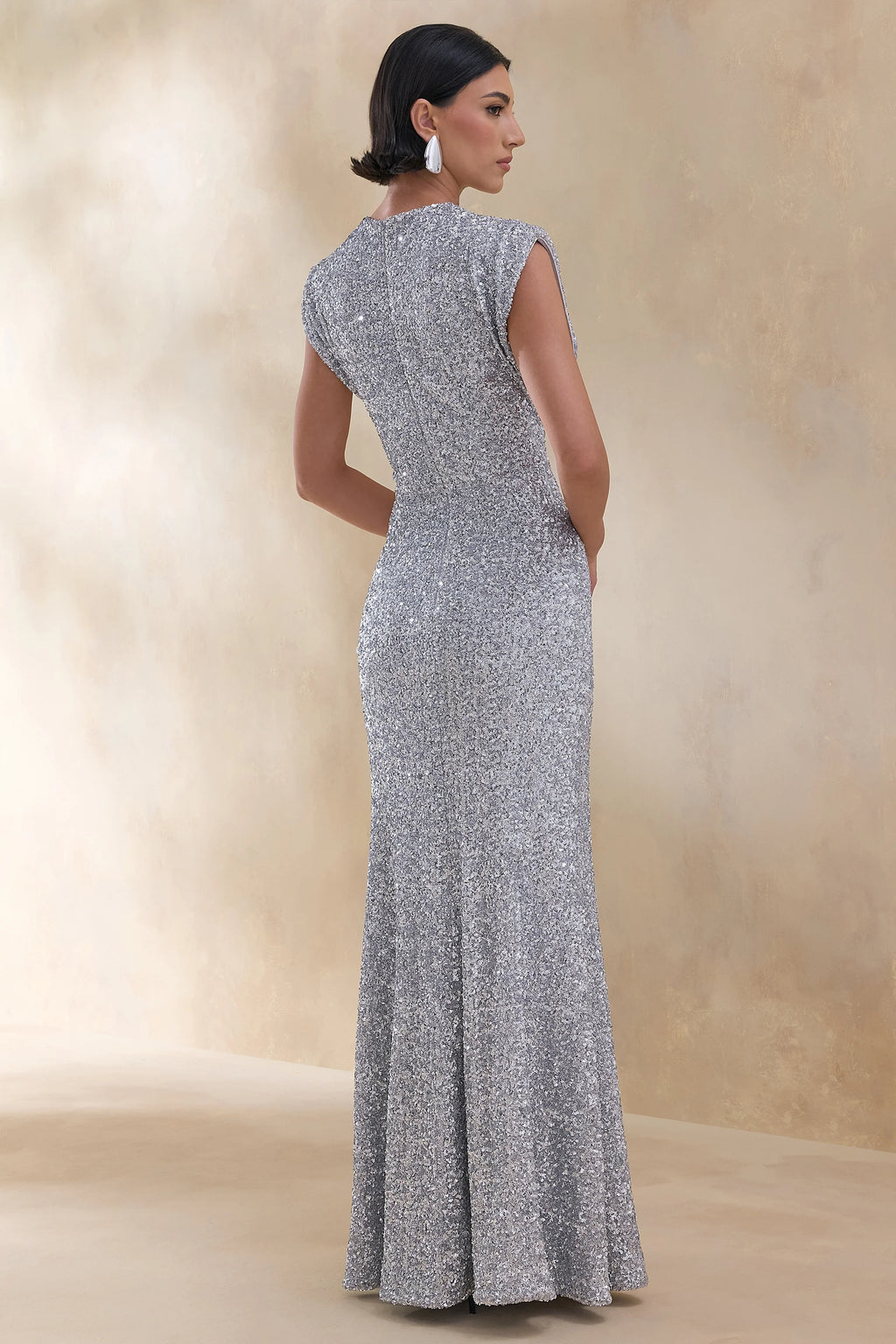 Aurah | Silver Sequin Crew-Neck Maxi Dress With Cap Sleeves