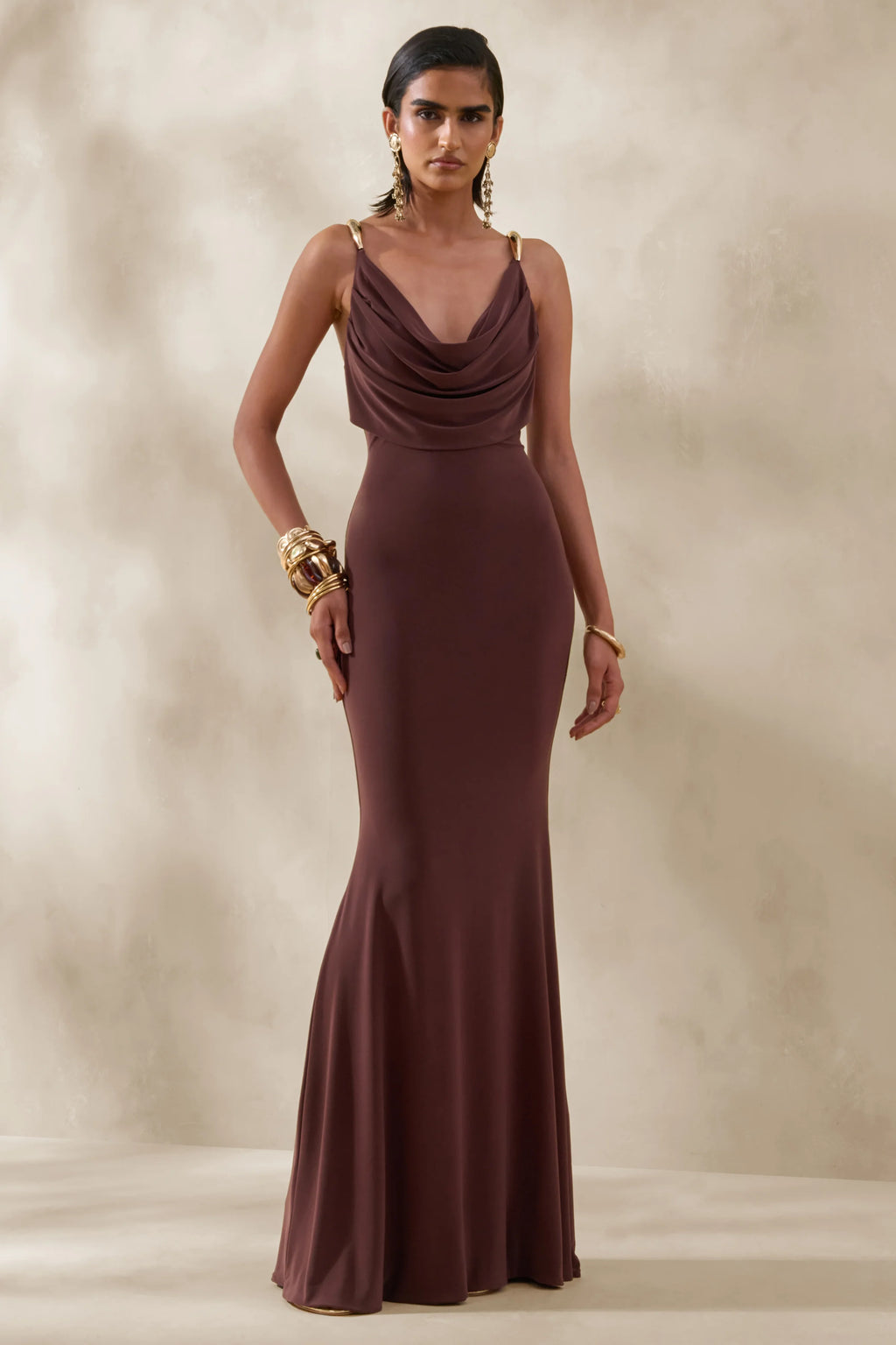 Iridessa | Brown Plunge-Neck Maxi Dress