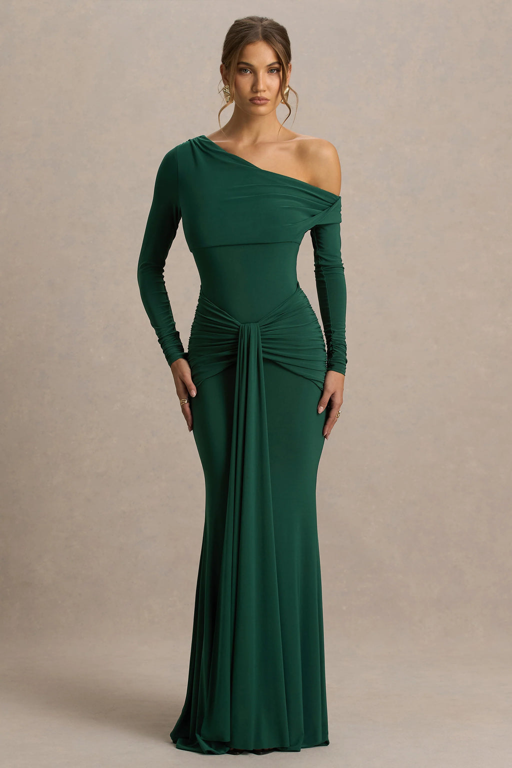 Clover | Dark Green Asymmetric-Neck Wrapped Maxi Dress With Sash