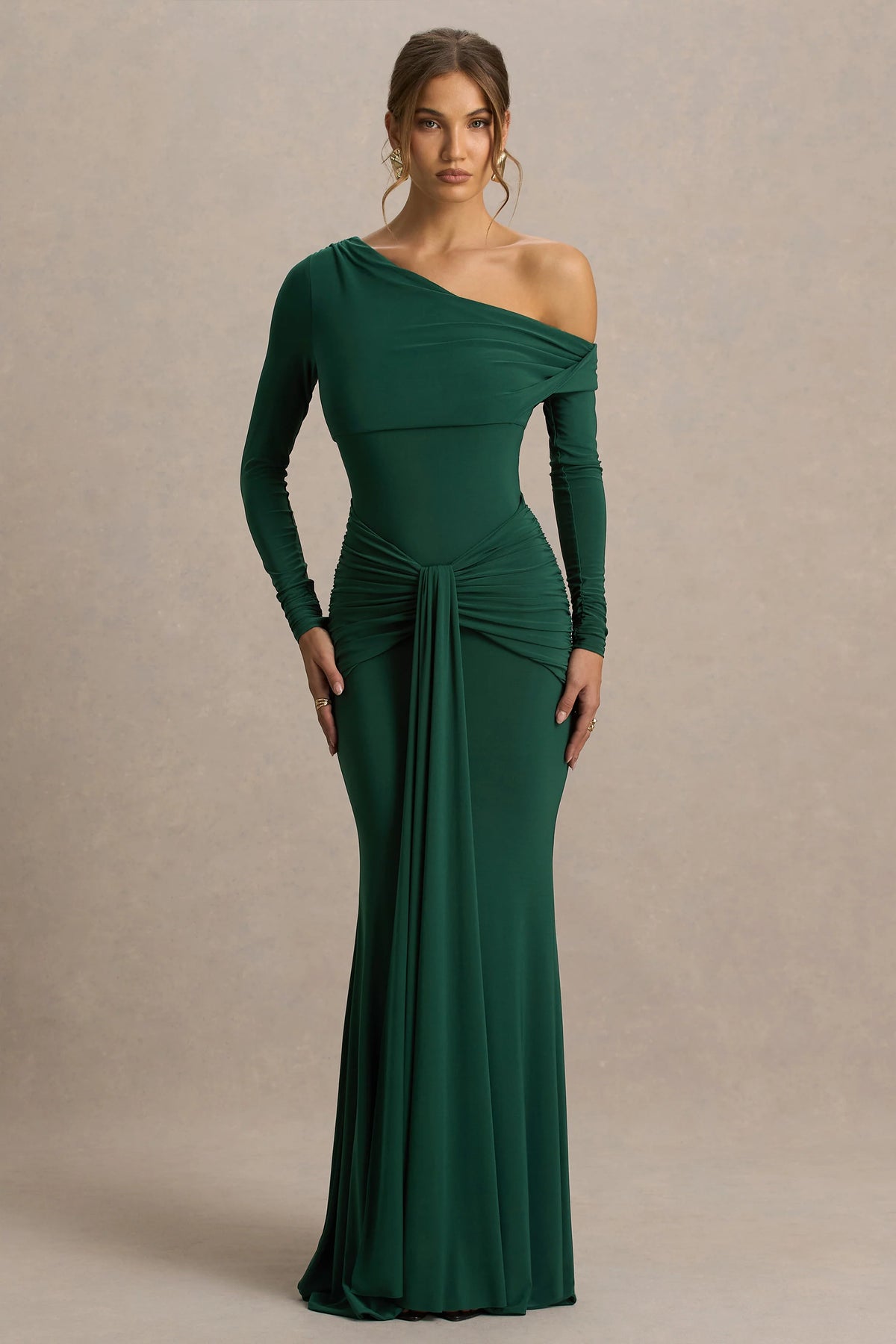 Clover | Dark Green Asymmetric-Neck Wrapped Maxi Dress With Sash