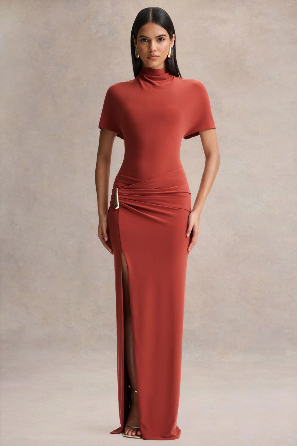 Arlena | Rust High-Neck Wrapped Maxi Dress