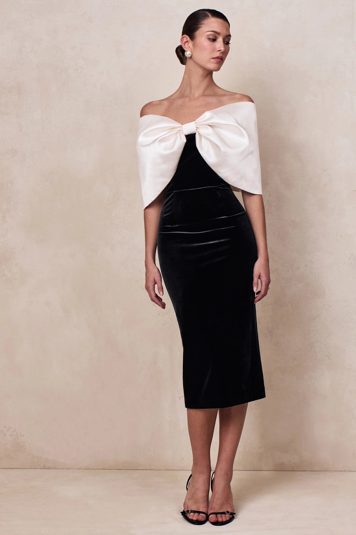 Twilight | Black And White Velvet Bardot-Neck Midi Dress With Oversized Satin Bow