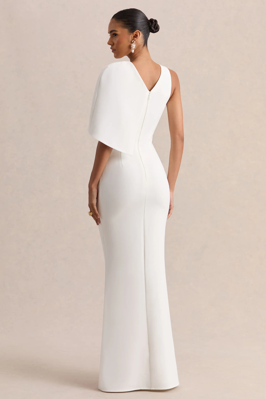 Quira | White Asymmetric-Neck Maxi Dress With Cape-Sleeve