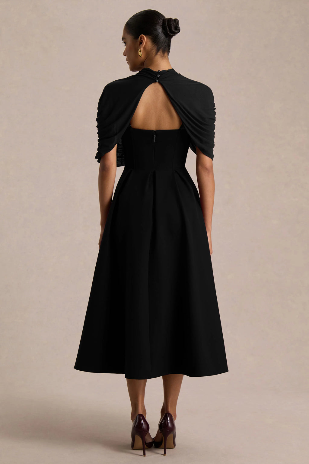 Thalia | Black High-Neck Midi Dress With Sheer Mesh Cape