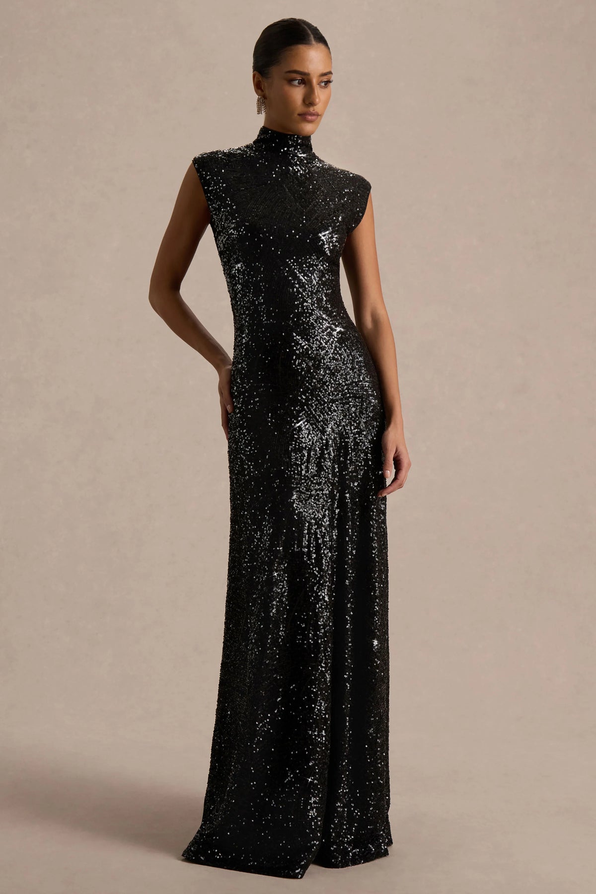 Cecy | Black Sequin High-Neck Maxi Dress With Cap Sleeves