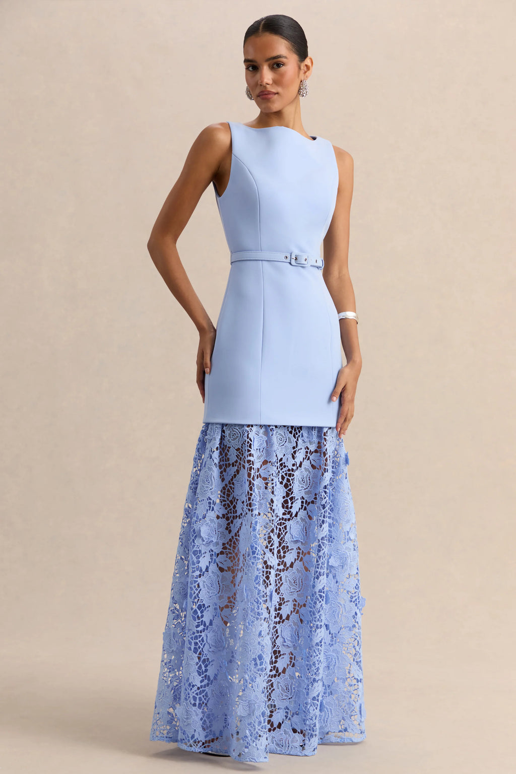 Verena | Powder Blue Boat-Neck Belted Maxi Dress With Lace Skirt