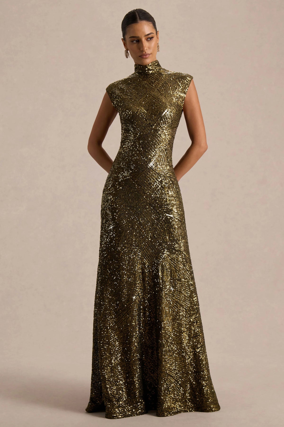 Cecy | Khaki Sequin High-Neck Maxi Dress With Cap Sleeves