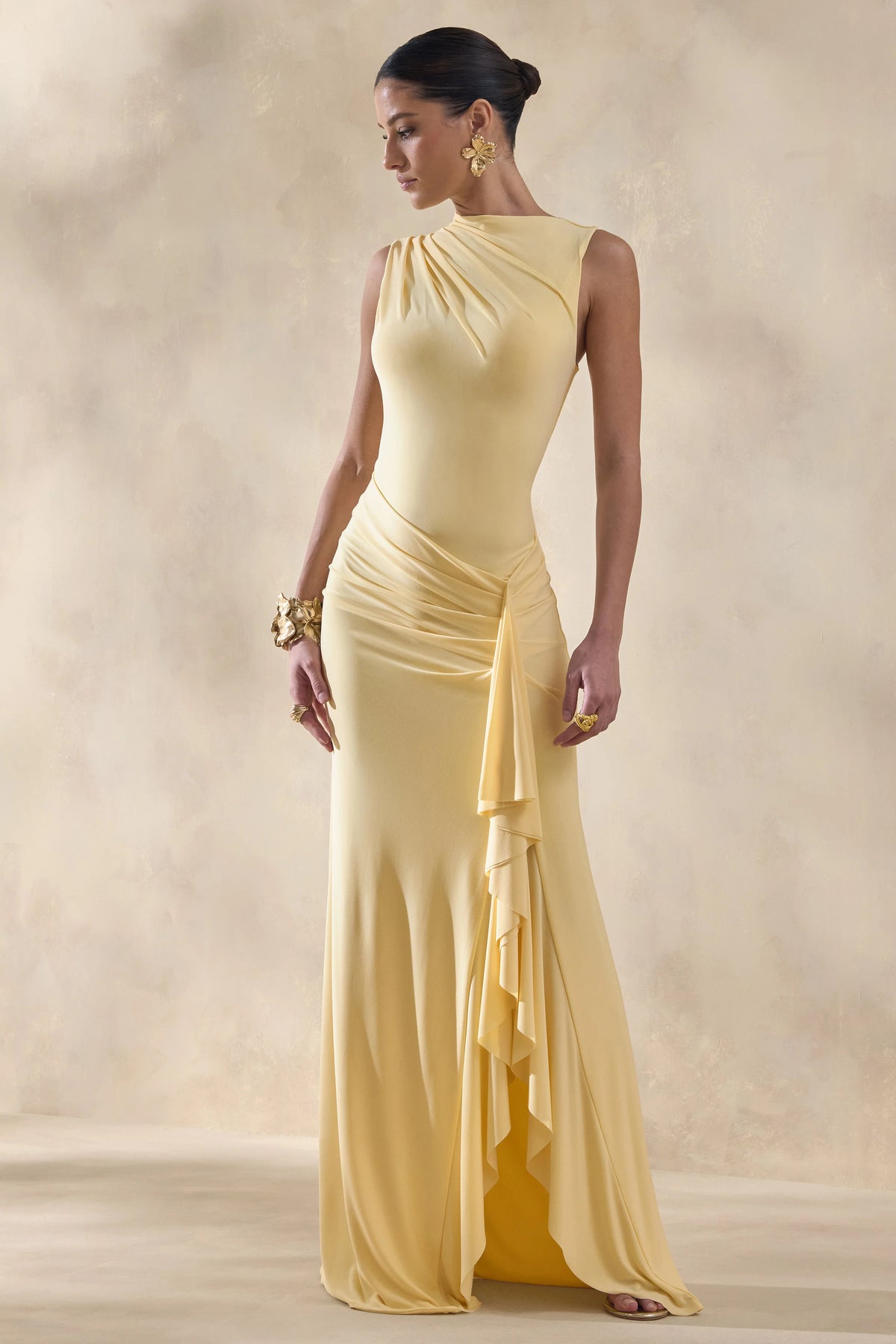 Helessia | Lemon Asymmetric-Neck Maxi Dress With Gathered-Detailing And Sash