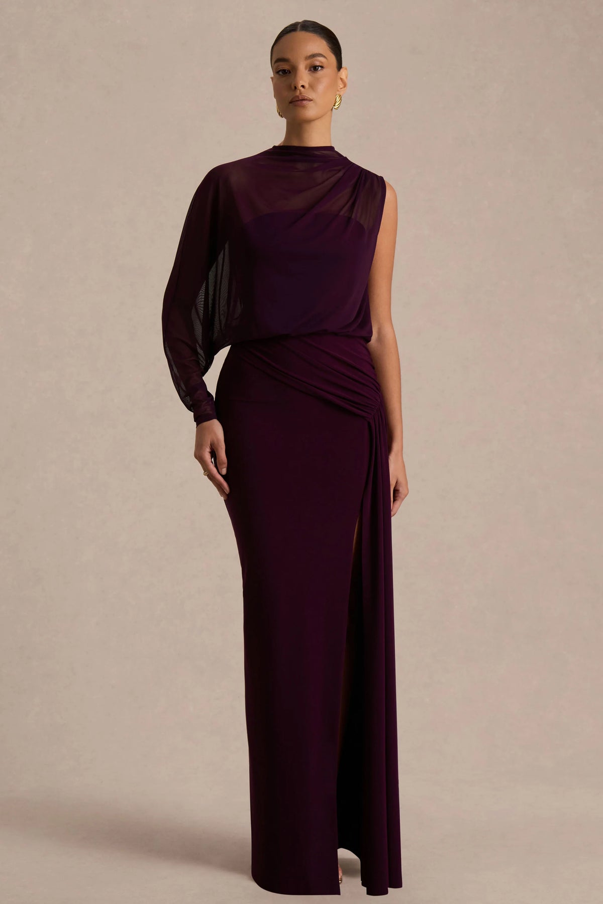 Aurelia | Dark Plum High-Neck Wrapped Maxi Dress With One-Cape Sleeve