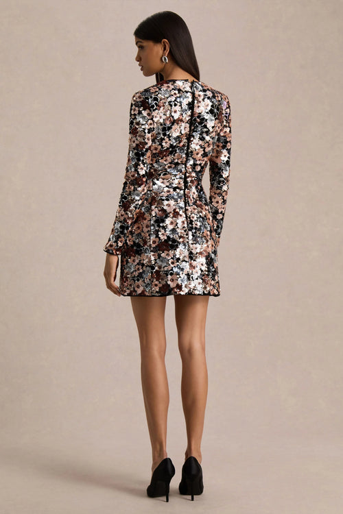Adaline | Black Velvet & Embellished Sequin Floral Long-Sleeved Mini Dress