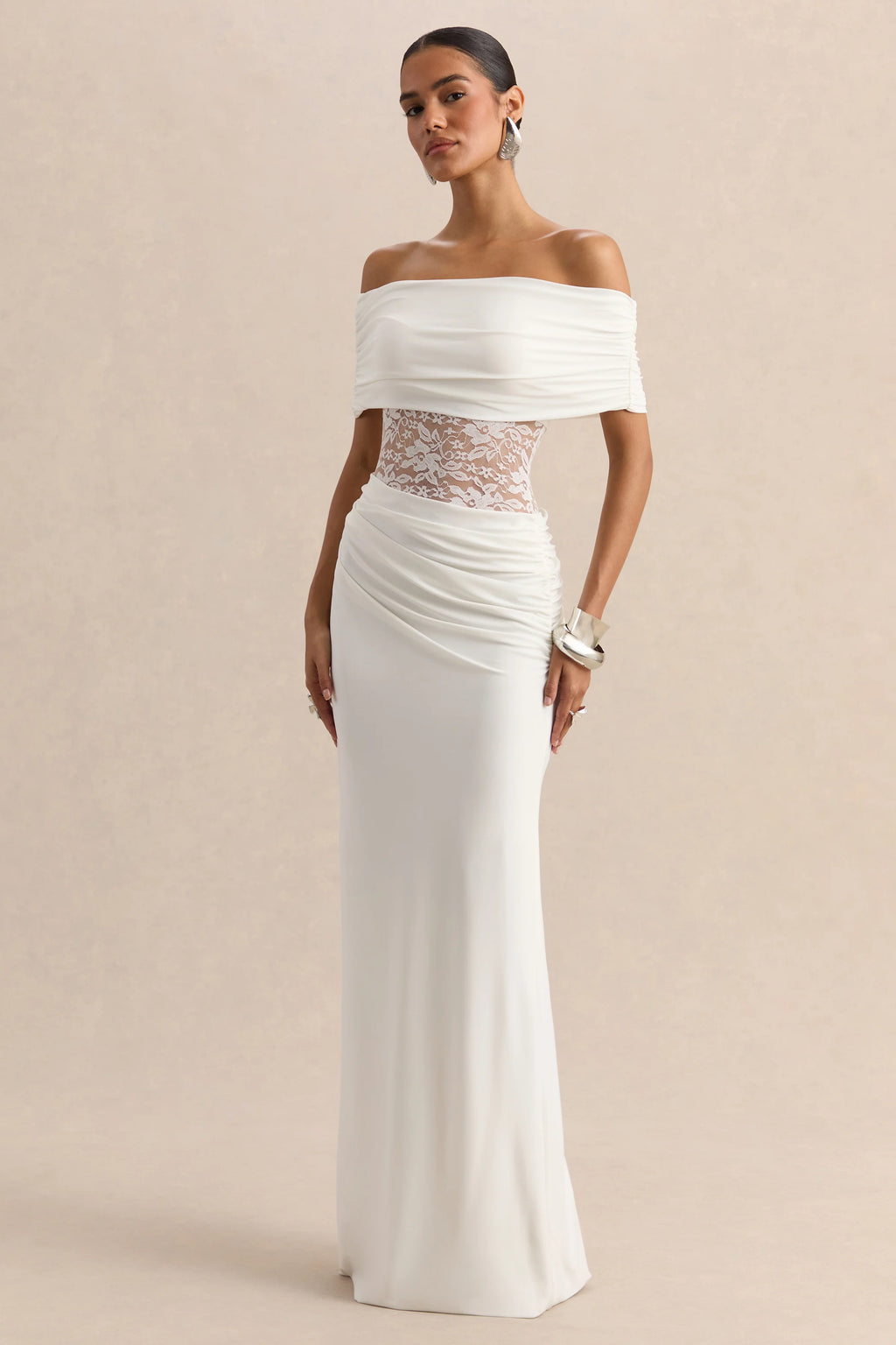 Forsya | White Bardot-Neck Maxi Dress With Lace-Detailing