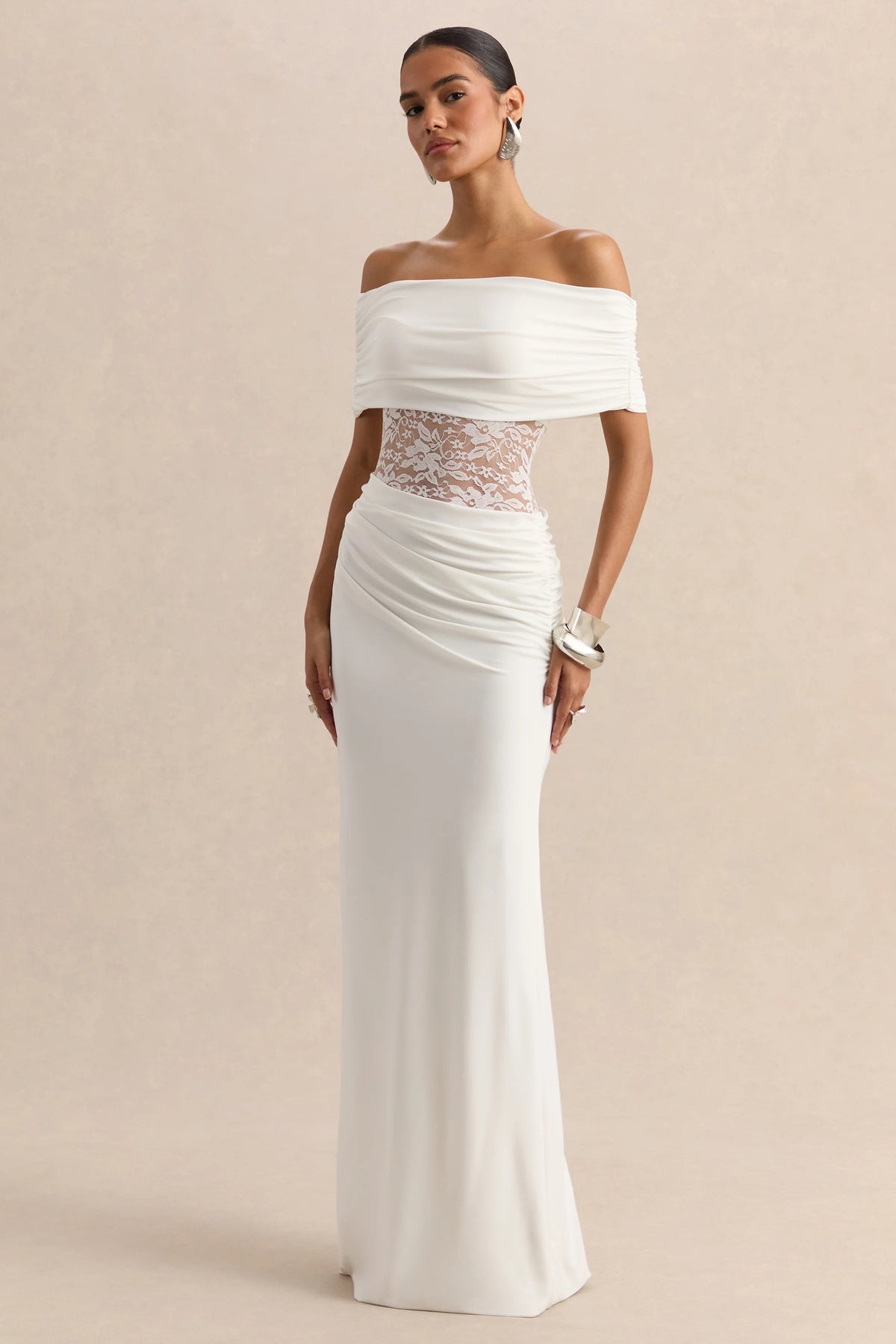 Forsya | White Bardot-Neck Maxi Dress With Lace-Detailing