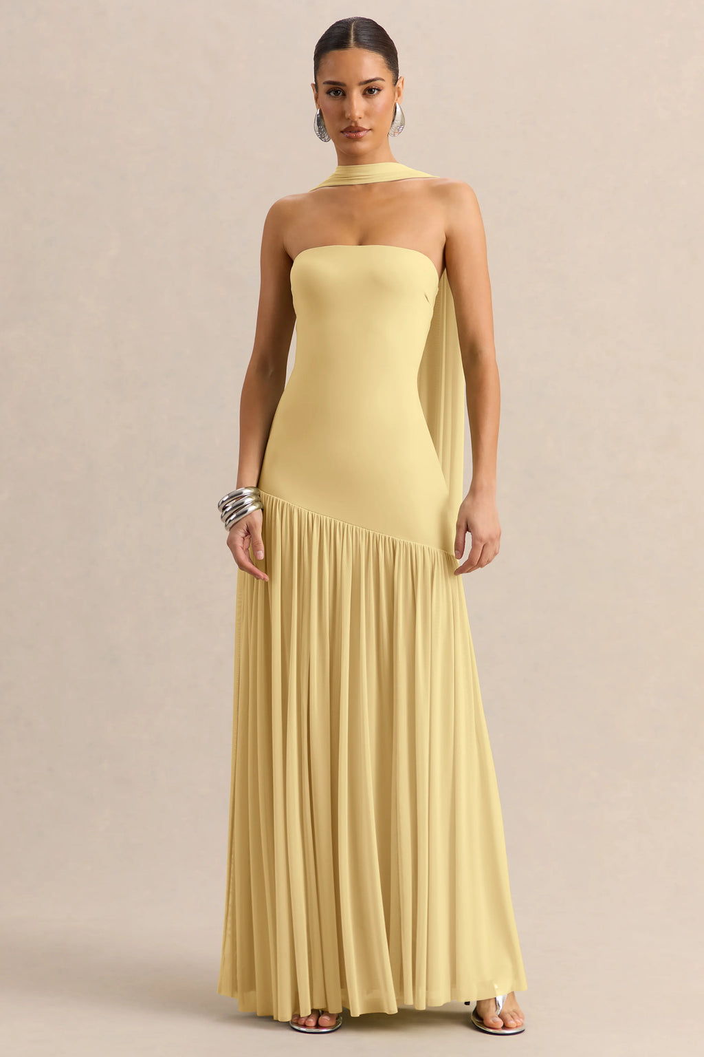 Bambi | Lemon Bandeau-Neck Maxi Dress With Scarf-Detail
