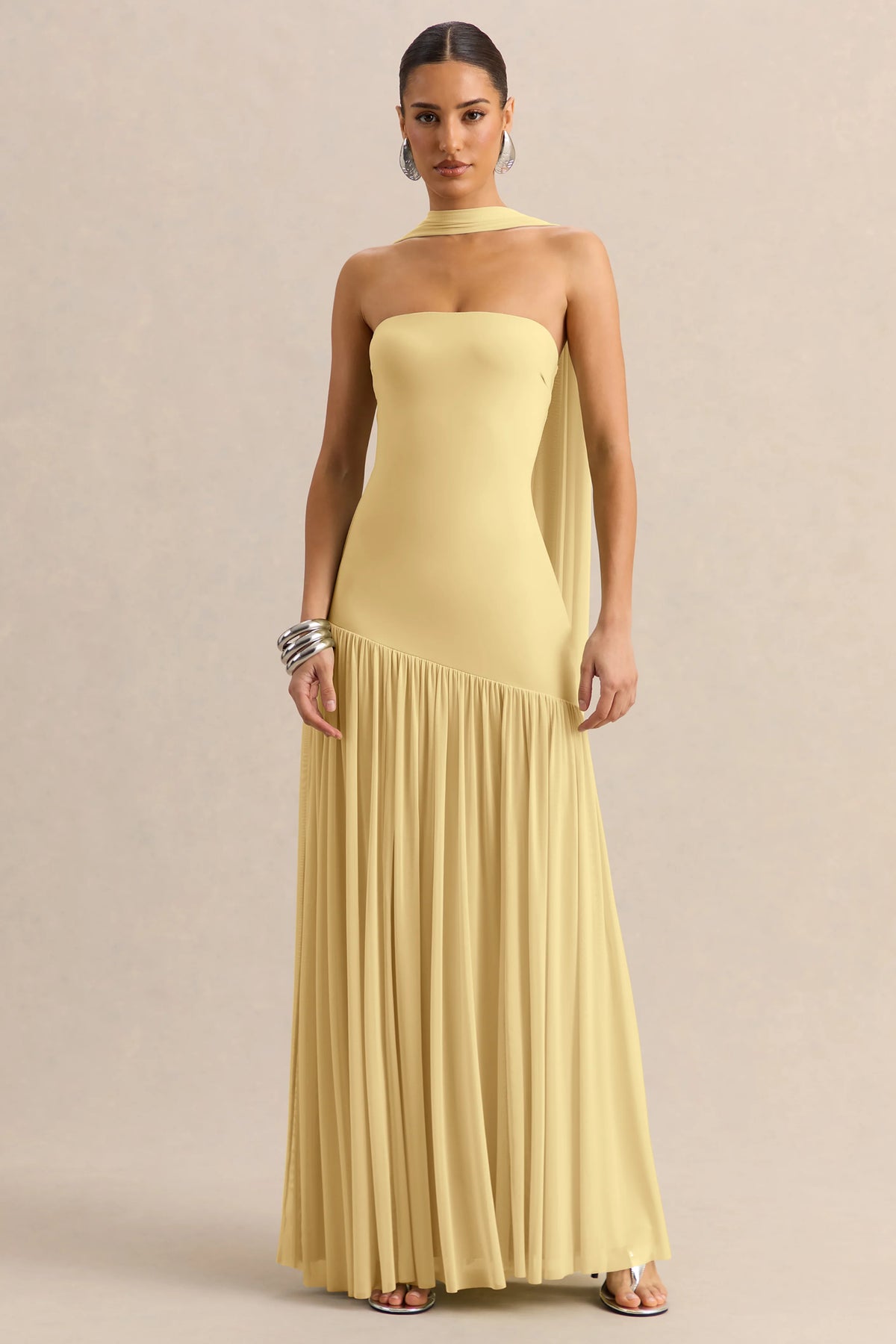 Bambi | Lemon Bandeau-Neck Maxi Dress With Scarf-Detail