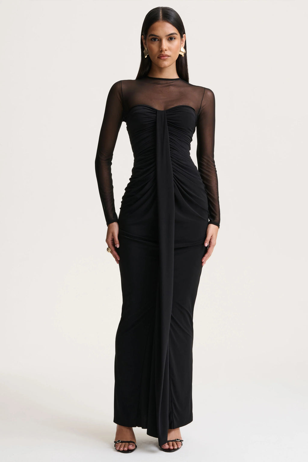 Cadenza | Black Crew-Neck Maxi Dress With Mesh And Gathered-Detailing