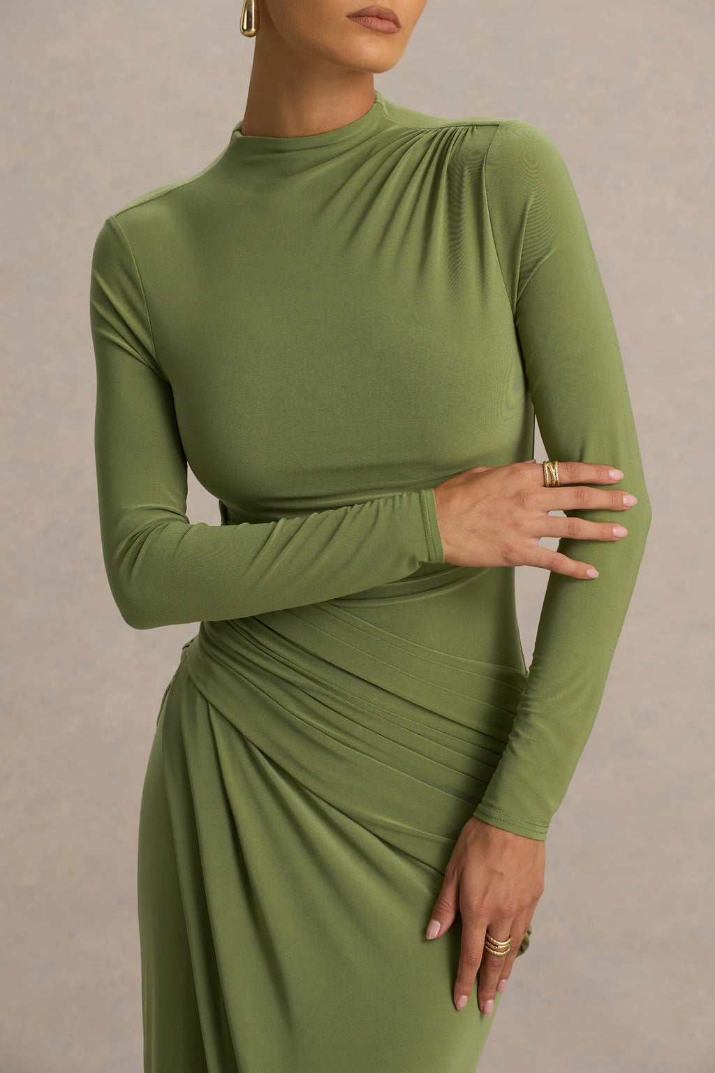 Zephyra | Olive High-Neck Wrapped Maxi Dress