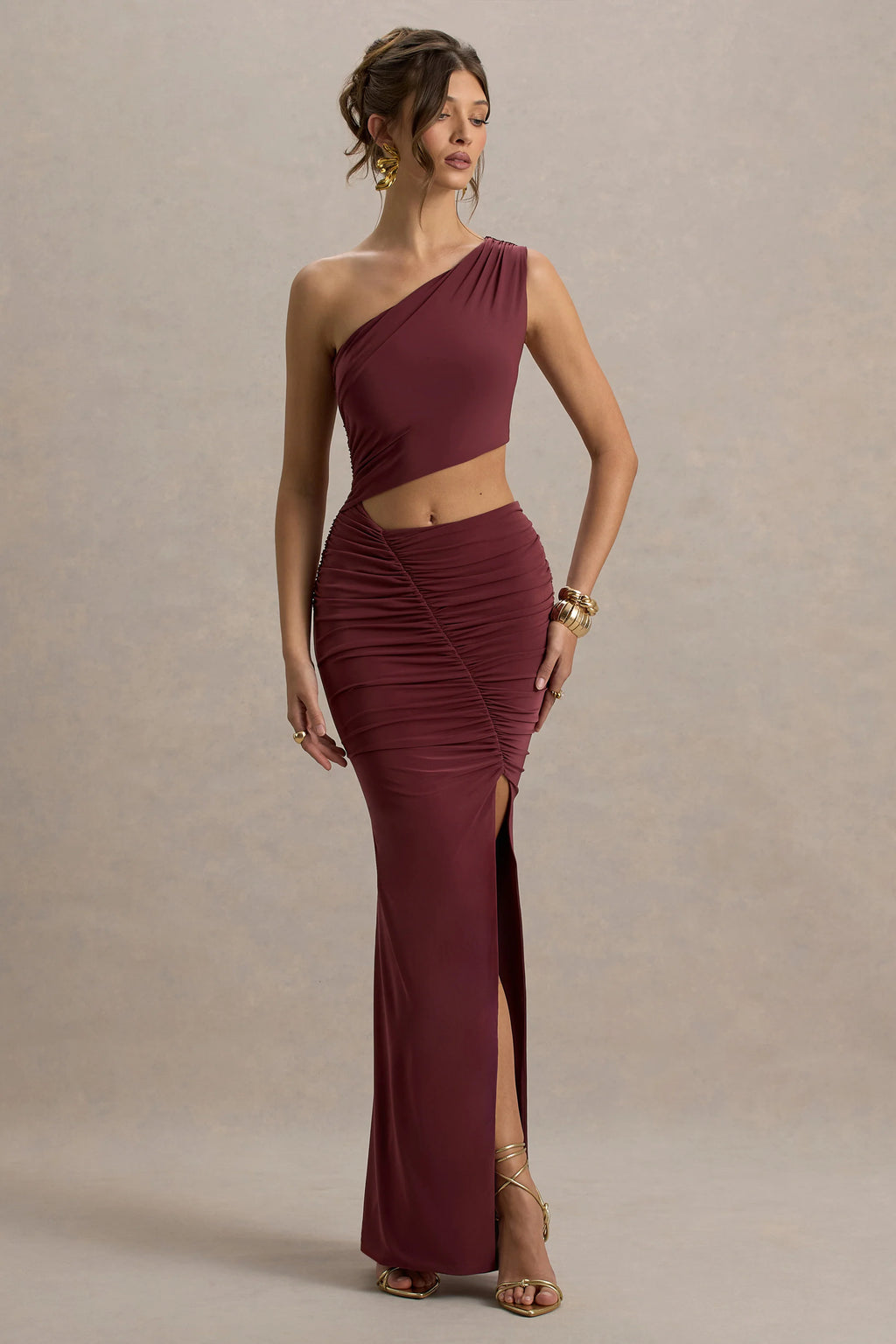 Sena | Burgundy Asymmetric Maxi Dress With Cut Out Details