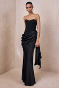 Nalira | Black Satin Bandeau Maxi Dress With Draped Skirt