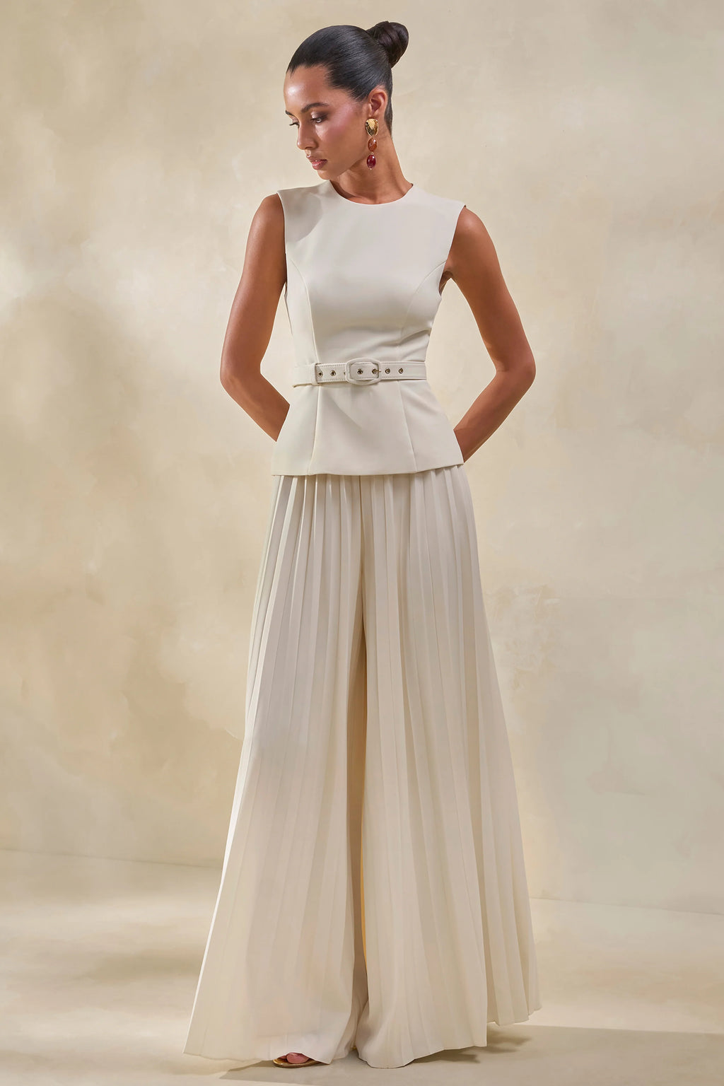 Karienne | Cream Round-Neck Top With Belted-Detail