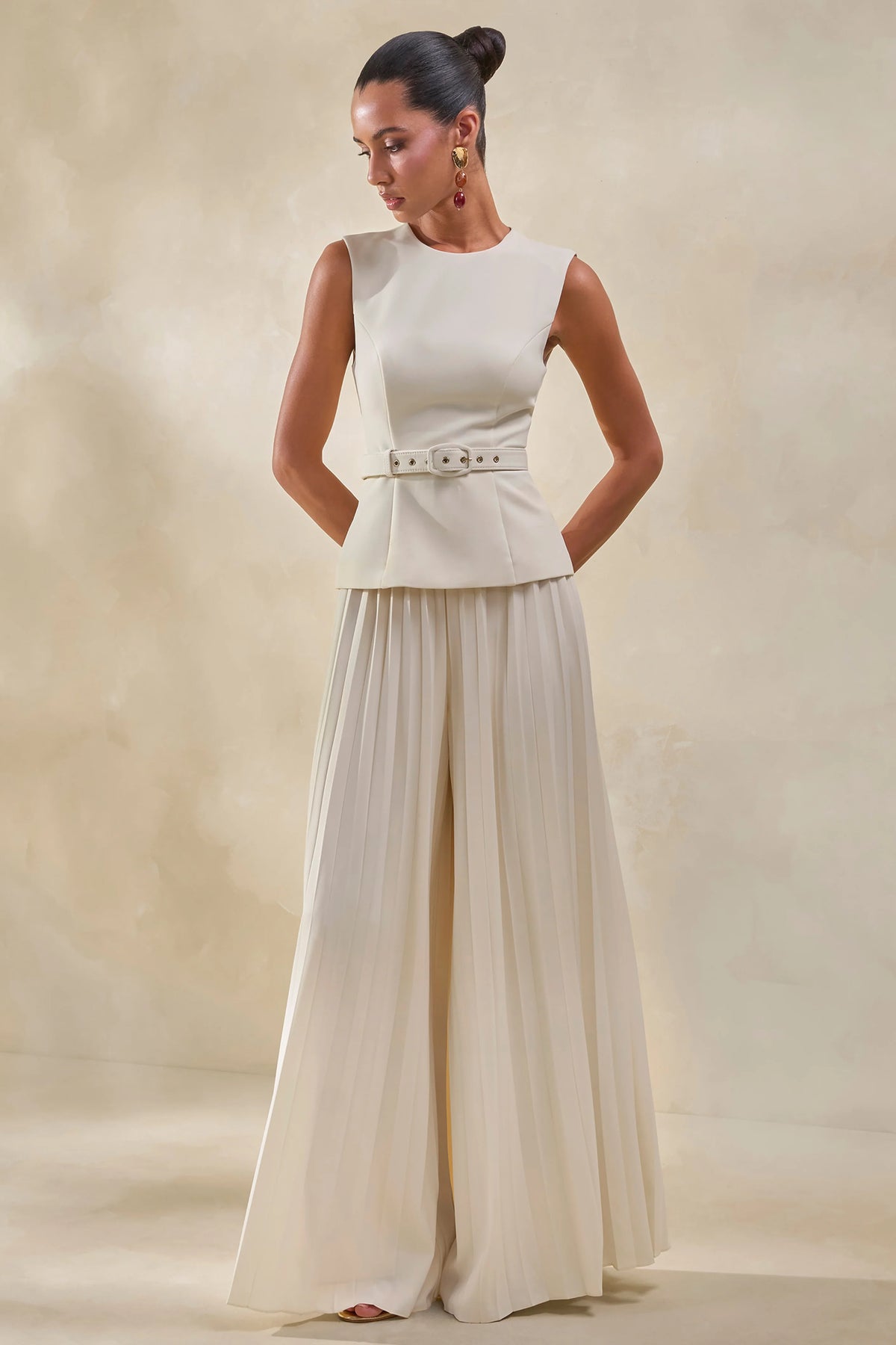 Karienne | Cream Round-Neck Top With Belted-Detail