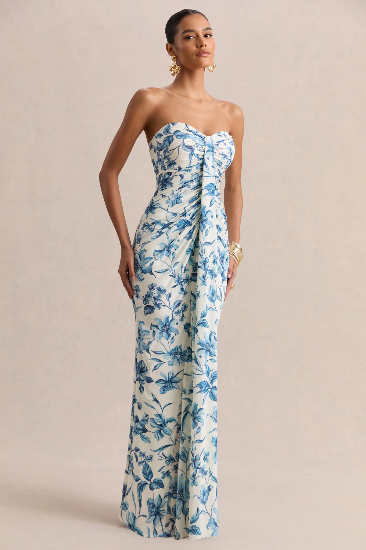 Ali | Blue Porcelain Print Sweetheart Ruched Wrap Maxi Dress