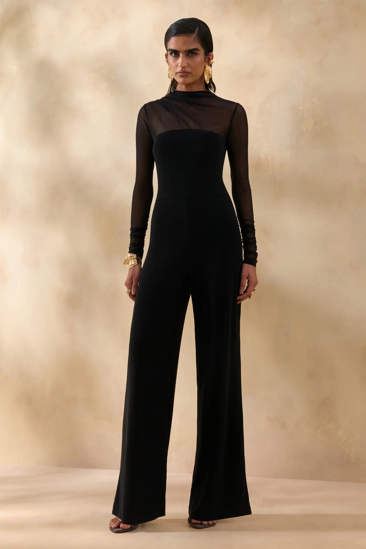 Emeria | Black High-Neck Jumpsuit With Long Mesh-Sleeves
