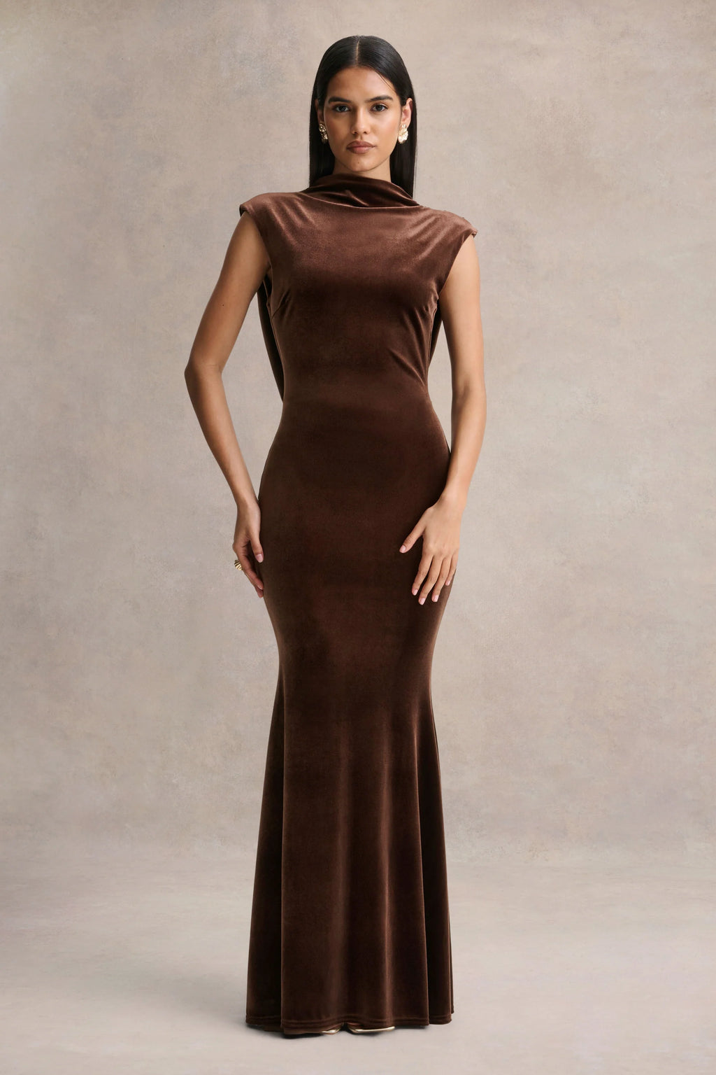 Malora | Brown Velvet High-Neck Maxi Dress With Open-Back