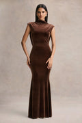 Malora | Brown Velvet High-Neck Maxi Dress With Open-Back
