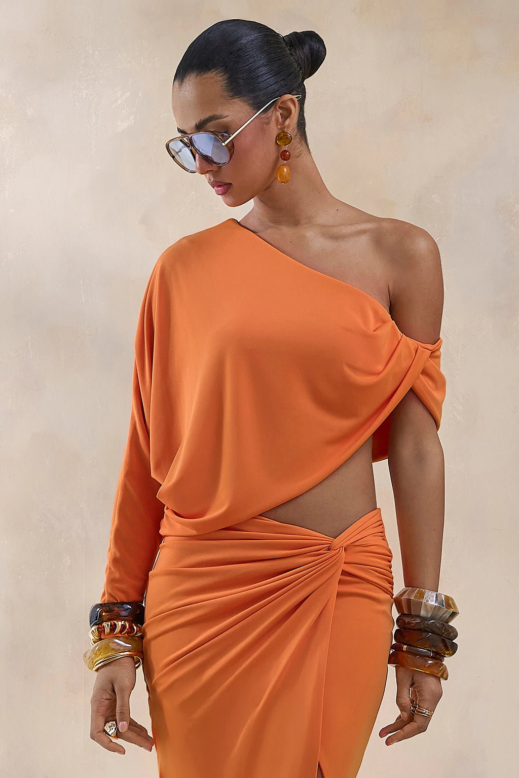 Dua | Orange Asymmetric One-Sleeve Draped Top