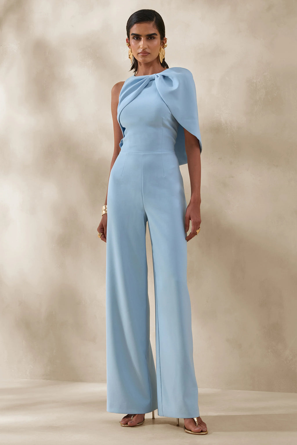 Quinley | Powder Blue Asymmetric-Neck Jumpsuit With Cape-Sleeve