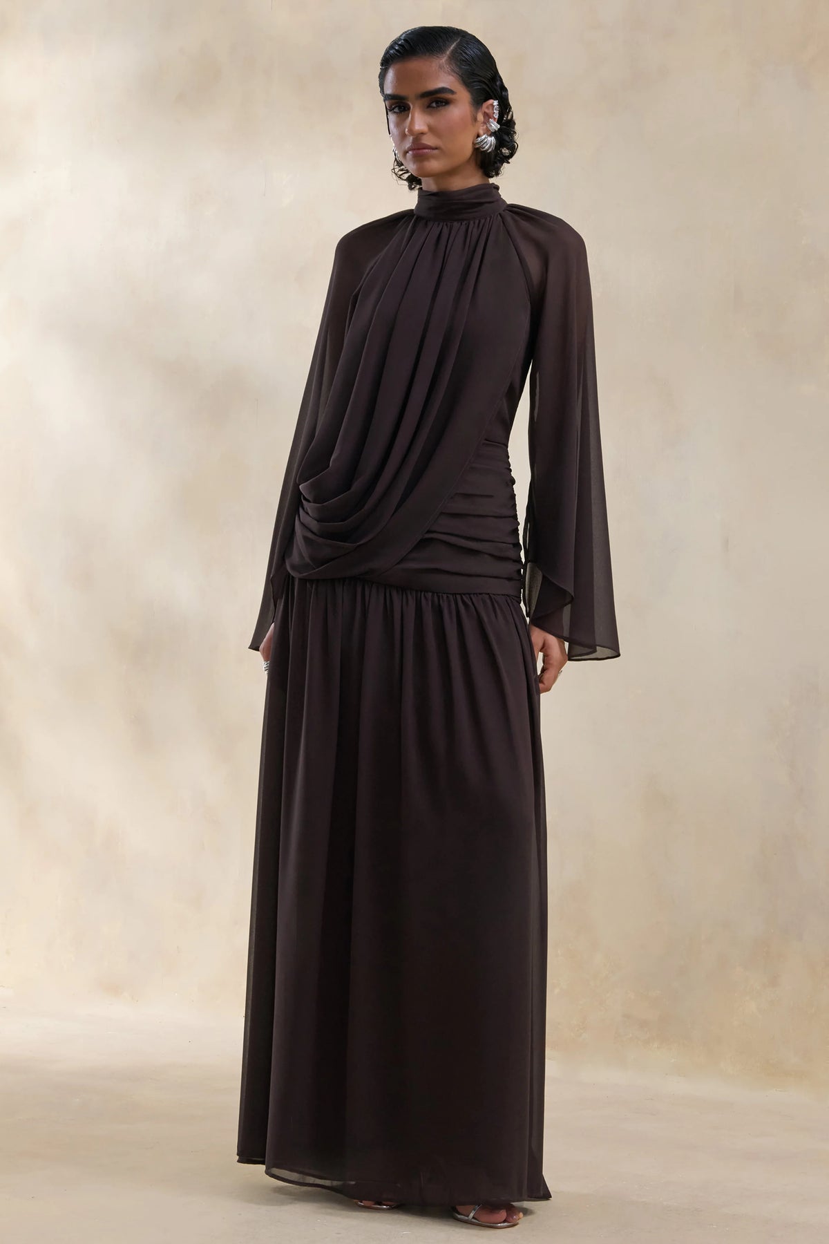 Narella | Brown Chiffon High-Neck Maxi Dress With Draped-Detailing