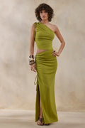 Margie | Green Maxi Skirt With Ruched Detail And Front High Split