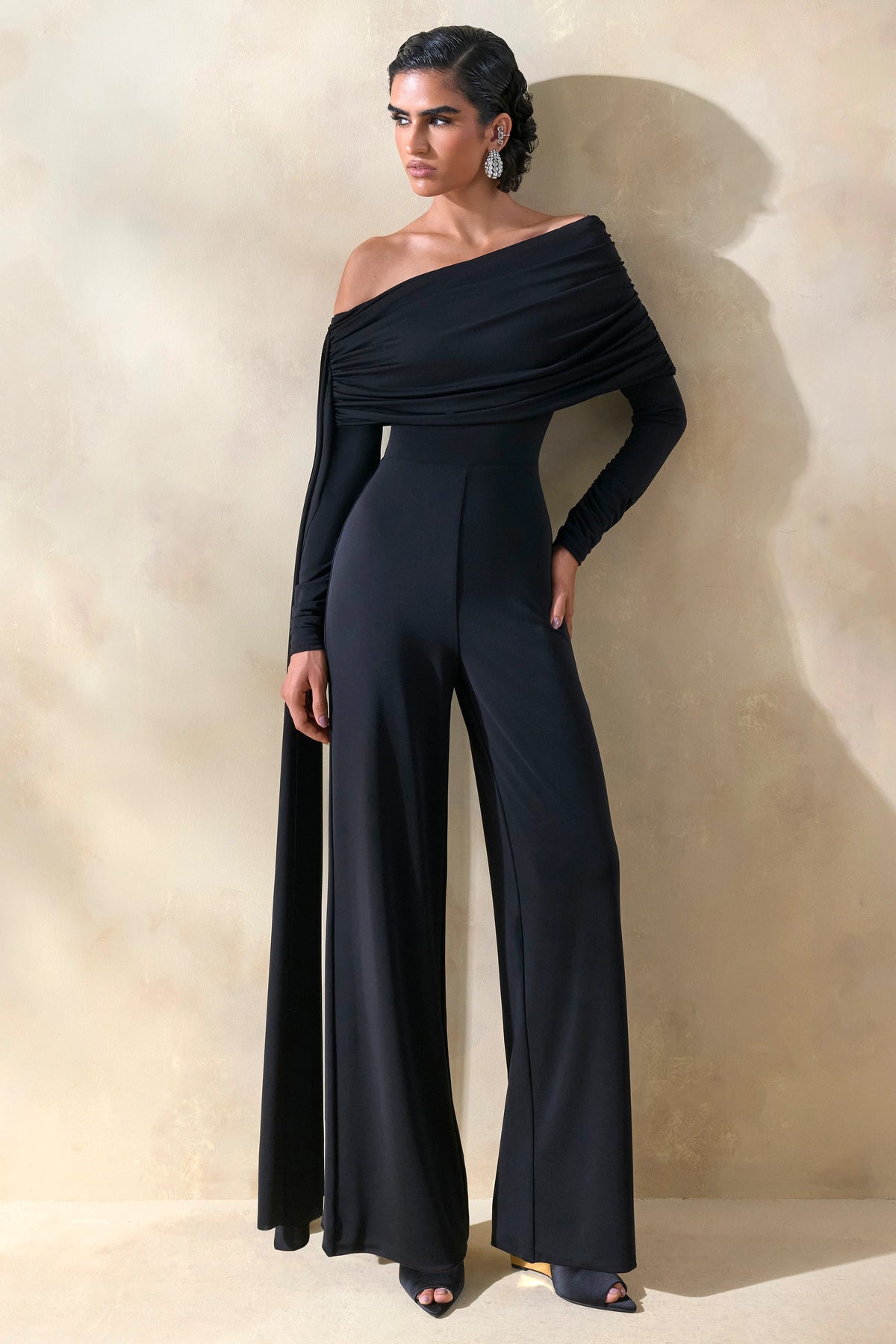 Elova | Black Bardot-Neck Jumpsuit With Sash