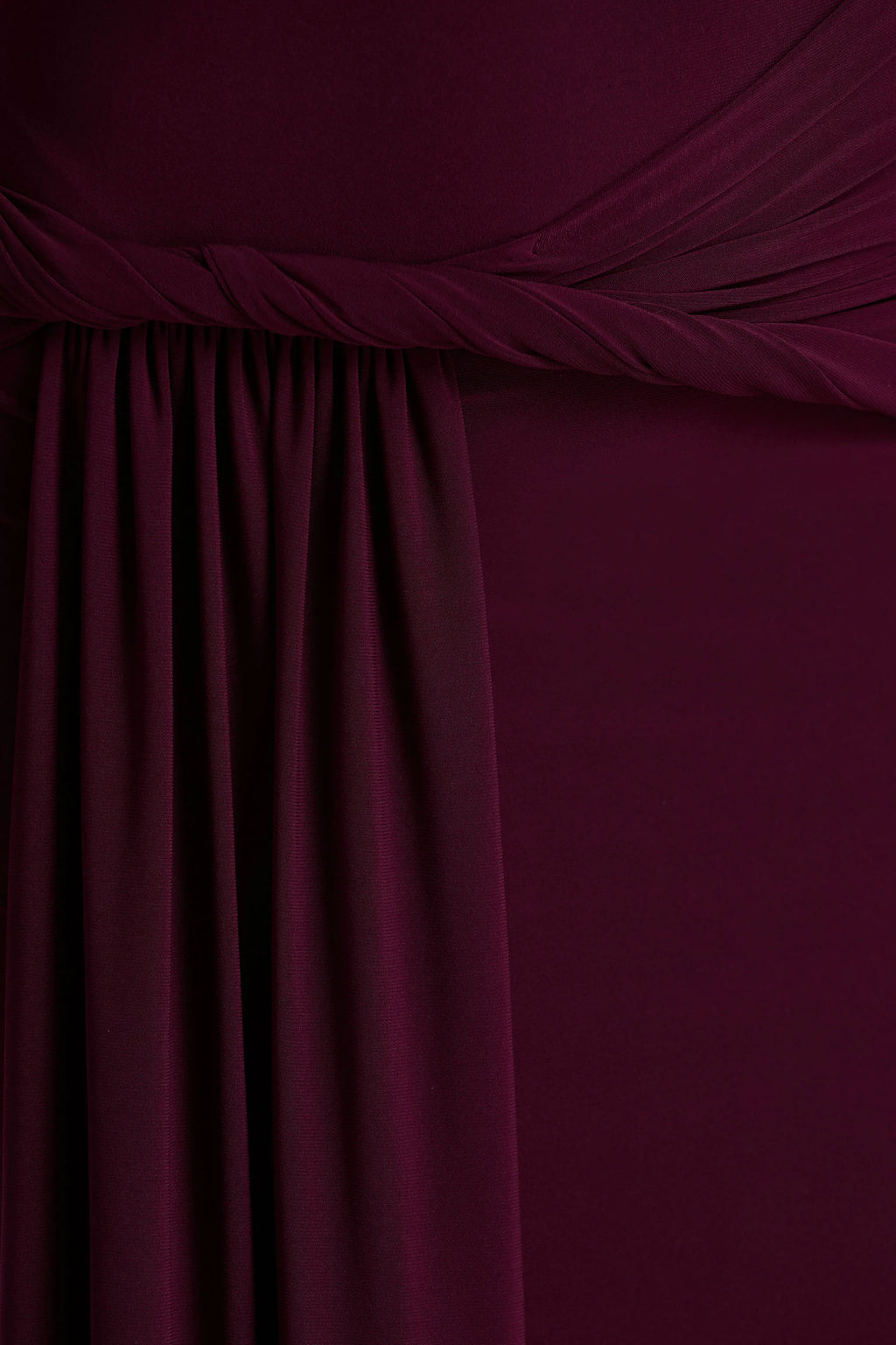 Tulisa | Burgundy Asymmetric-Neck Maxi Dress With Twist Sleeves And Ruched Detailing