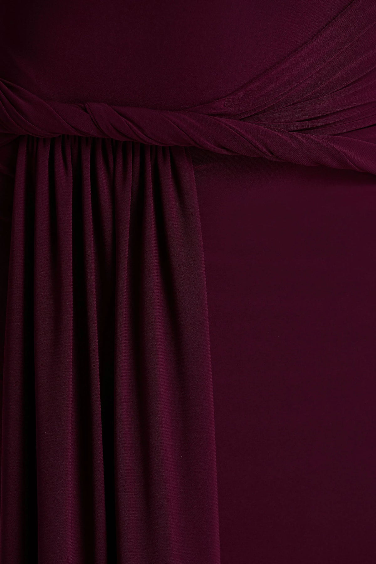 Tulisa | Burgundy Asymmetric-Neck Maxi Dress With Twist Sleeves And Ruched Detailing