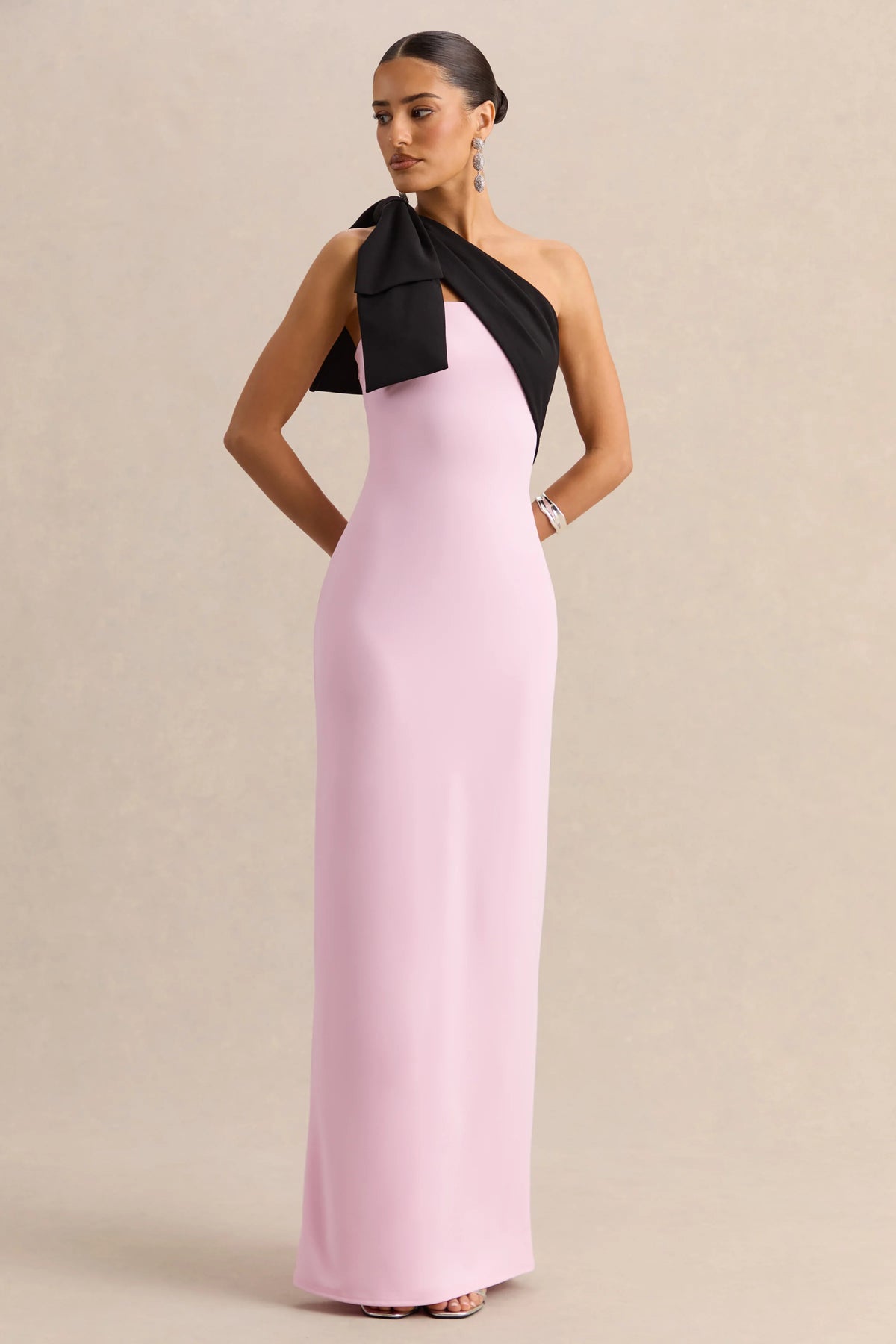 Adara | Pink & Black Asymmetric-Neck Maxi Dress With Bow-Detail