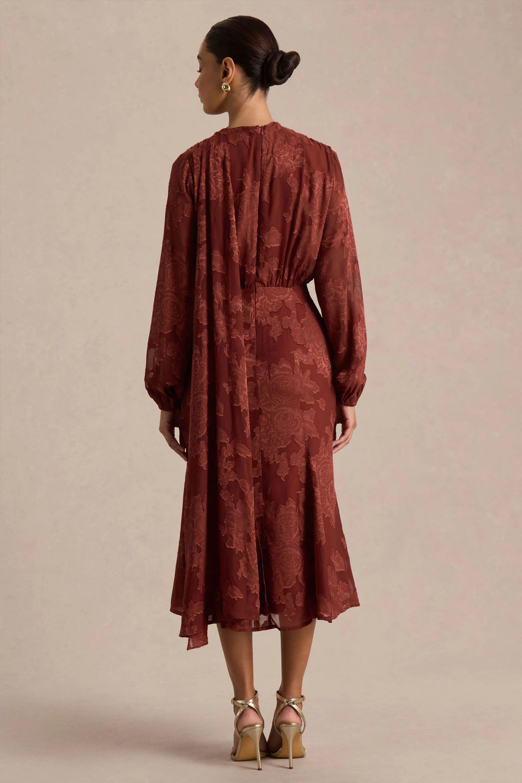 Sabina | Rust Devore Plunge-Neck Midi Dress