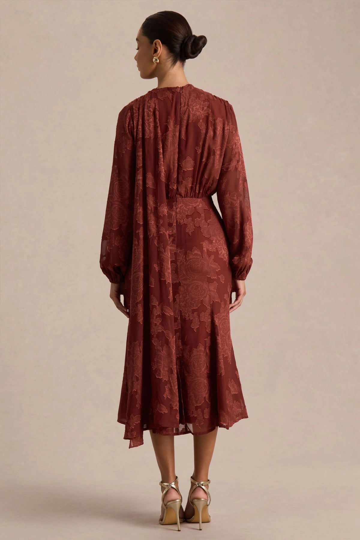 Sabina | Rust Devore Plunge-Neck Midi Dress