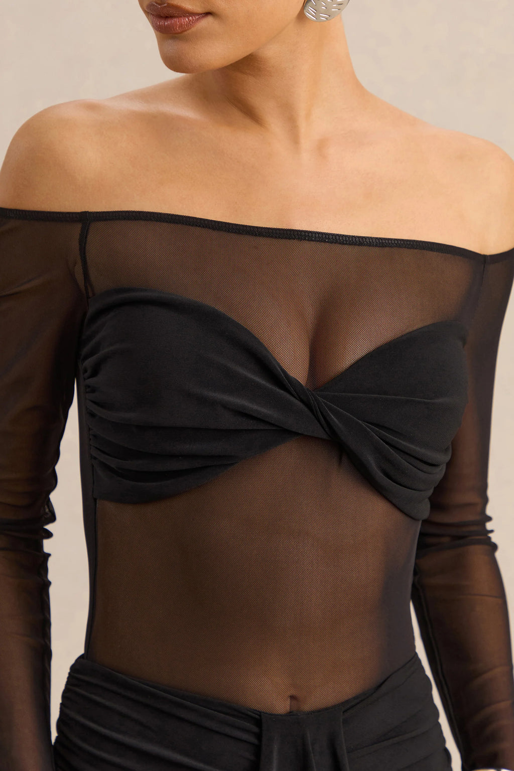 Maira | Black Mesh Bardot-Neck Thong Bodysuit