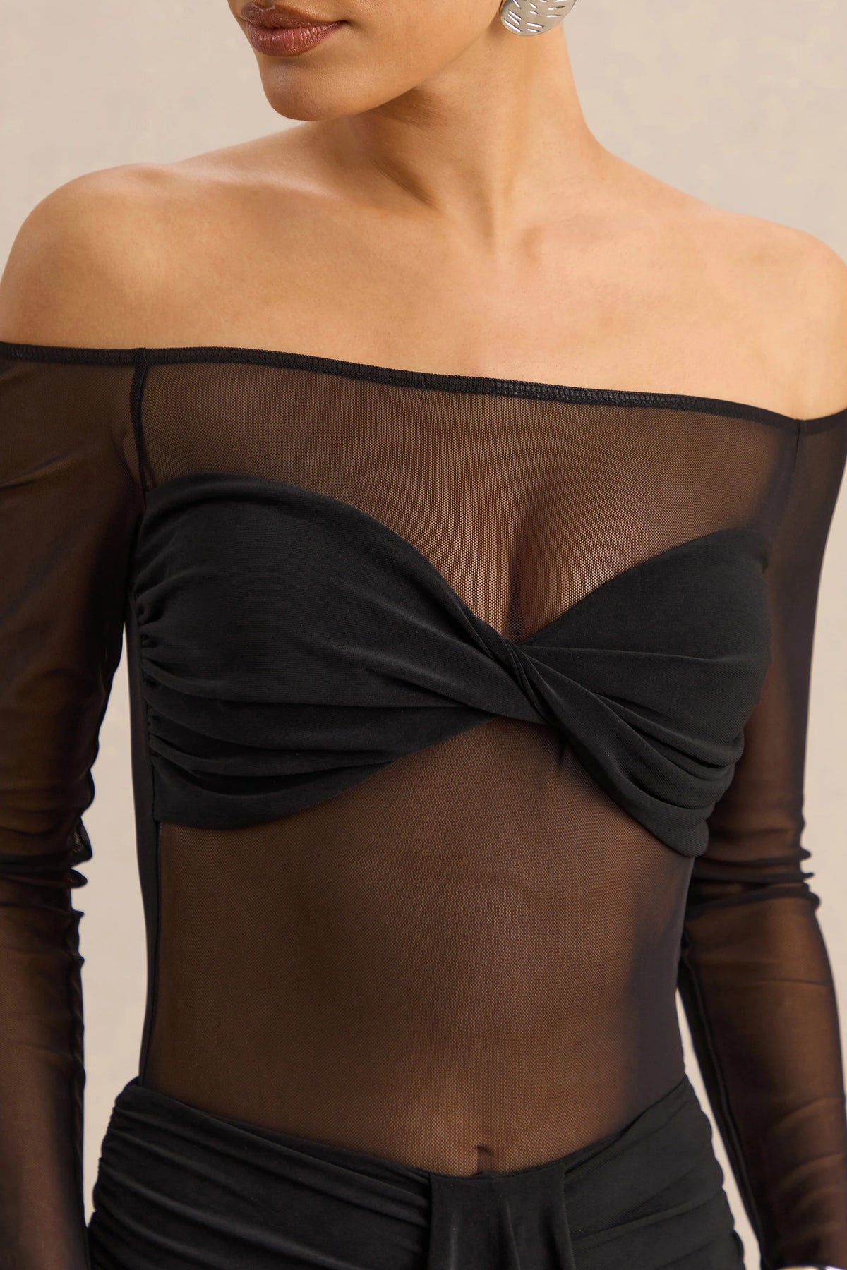 Maira | Black Mesh Bardot-Neck Thong Bodysuit