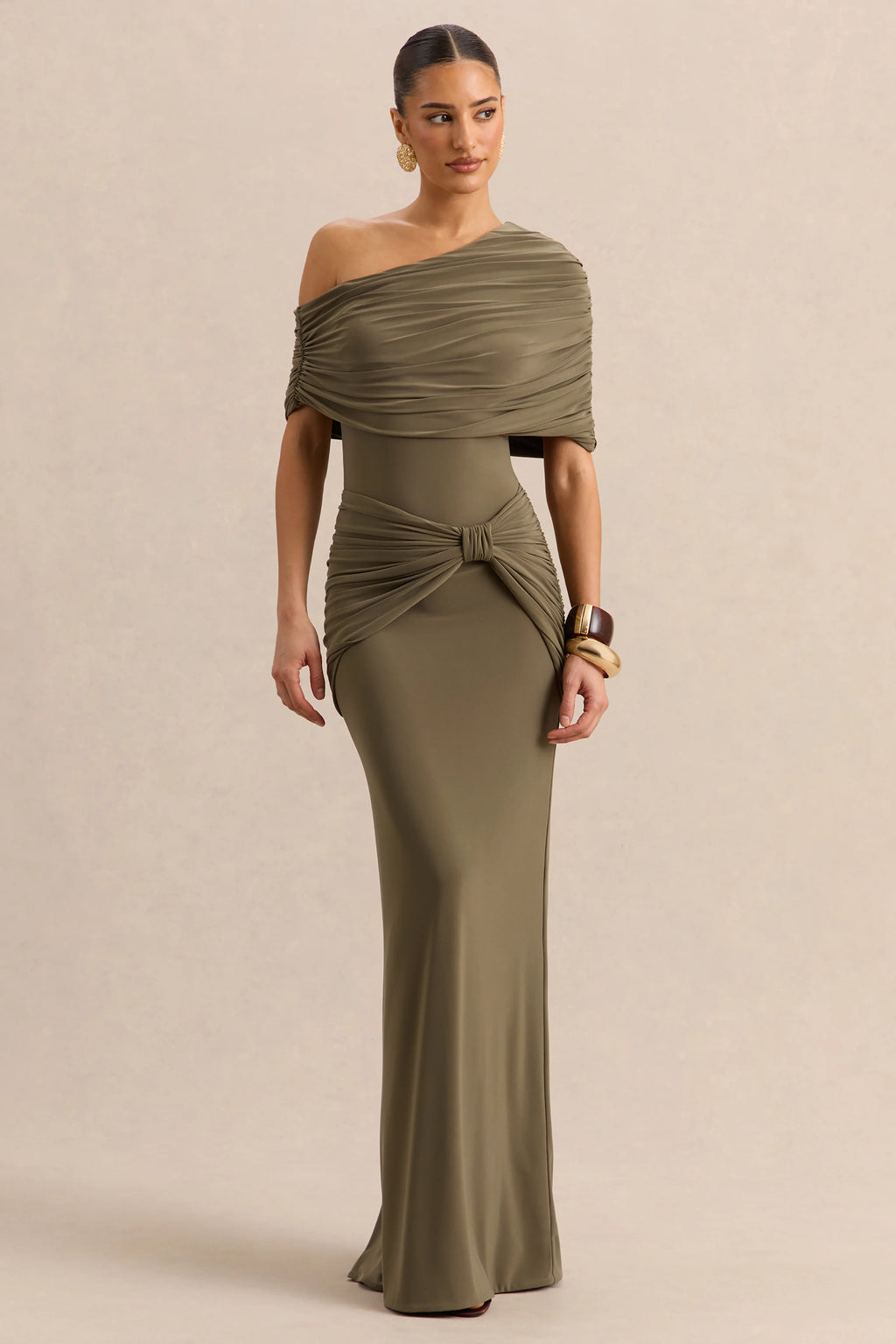 Afiya | Khaki Twisted Waist Maxi Skirt with Knot Detailing