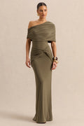 Afiya | Khaki Twisted Waist Maxi Skirt with Knot Detailing