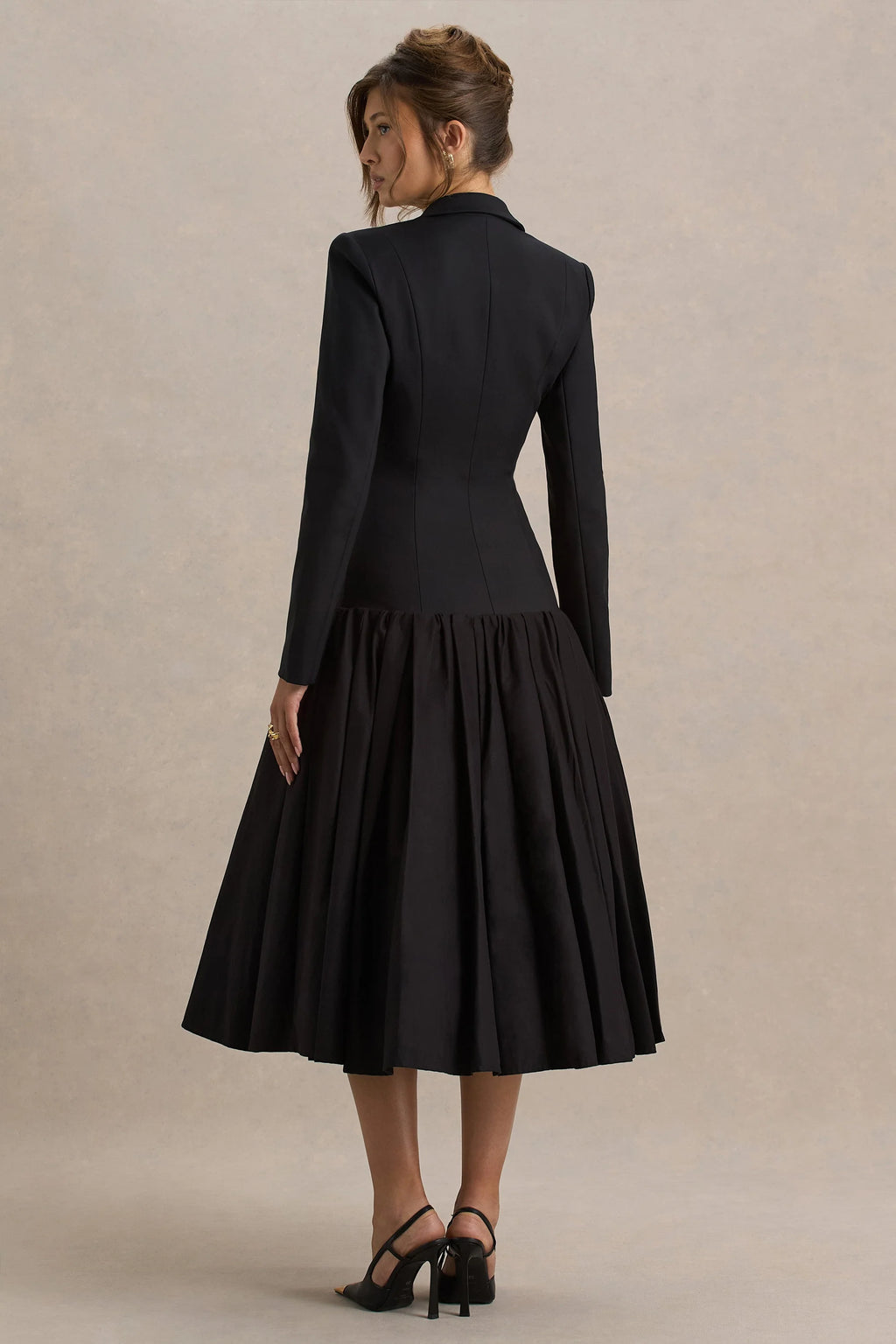 Cosmopolitan | Black Plunge-Neck Tailored Midi Dress With Pleated Hem